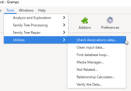 Tools -> Utilities -> Check Associations data... - menu-entry